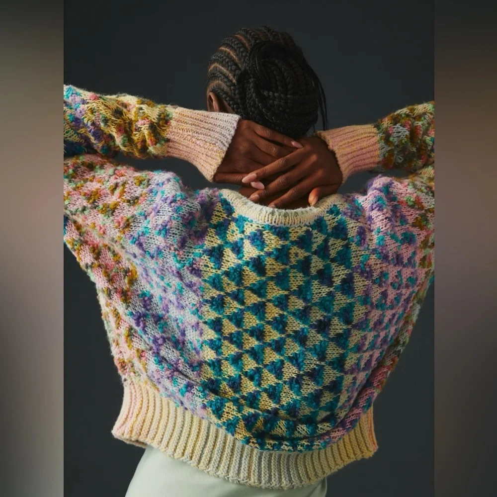 Anthropologie TEXTURED CARDIGAN SWEATER IN A BEAUTIFUL RAINBOW YARN WOOL BLEND - Picture 4 of 12